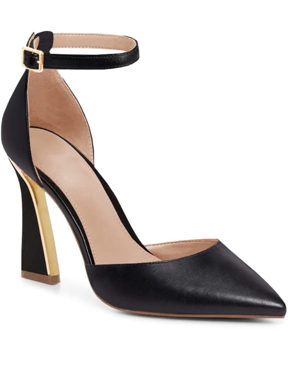 Black Pointed-Toe Ankle-Strap Heels with Gold Accent